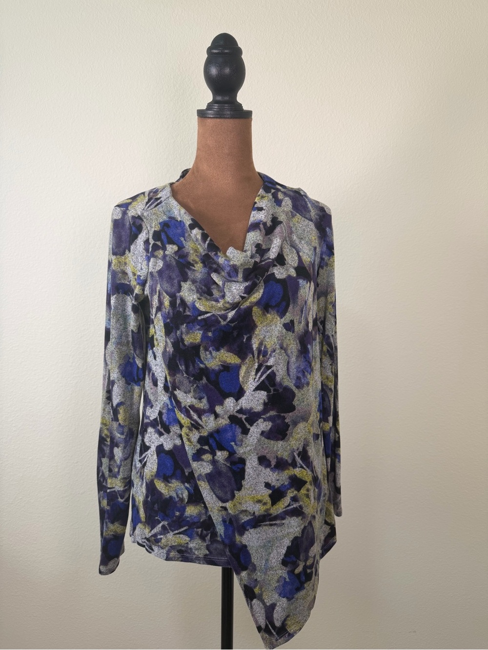 Vera Wang Blue, Black and Yellow-Green Draped Cowl Tunic